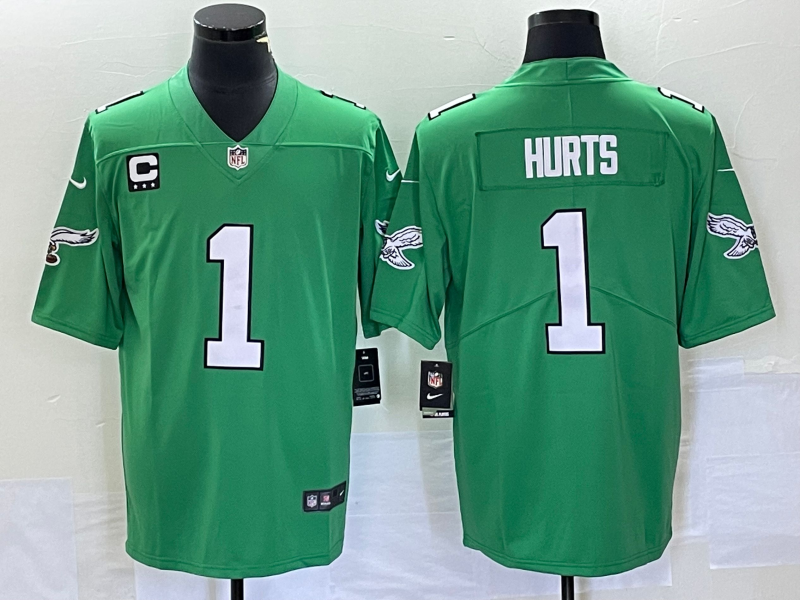 Men's Philadelphia Eagles #1 Jalen Hurts Green Vapor Limited With C Patch Stitched Football Jersey